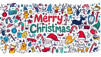 A colorful, festive illustration featuring "Merry Christmas" with Santa, reindeer, gifts, and various holiday-themed doodles.