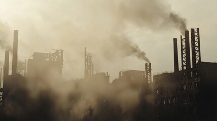 Obraz premium Desolate Industrial Dystopia: War-torn Scene with Flickering Lights and Billowing Smoke, Emanating Despair and Destruction in Ultra-Detailed Cinematic Light