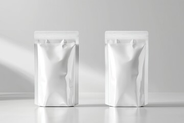 product template mockup white creative design Realistic blank stand up pouch bag mockup plastic pouch blank with Ziplock Front view on gray background. Shiny silver package for template your design 