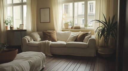 Fototapeta premium Interior with Dark Wooden Floors and Light Furniture in Scandinavian Style, Minimalist Home Decor Featuring Natural Wood and Soft Textures