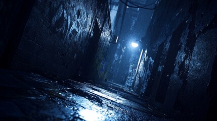 Obraz premium Urban Decay: Shadowy Graffiti Alley with Flickering Streetlamp, Eerie Cinematic Atmosphere of Old Battles and Intrigue