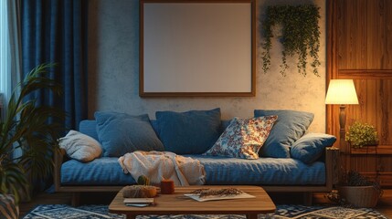 Contemporary Living Room Scene with Blue Couch and Abstract Wall Art