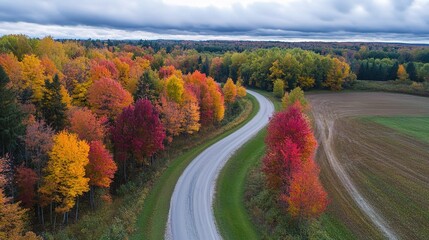 Obraz premium Autumn Road: A picturesque aerial view of a winding country road cutting through a vibrant tapestry of autumn foliage. The sky is overcast, adding a touch of mystery to the scene.