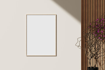 Frame mockup on white wall. Poster mockup. Clean, modern, minimal frame. Empty frame Indoor interior, show text or product