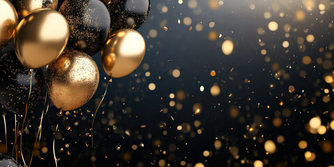 Black and gold background with a bunch of gold balloons. The balloons are scattered all over the background, creating a festive and celebratory atmosphere