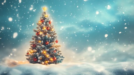 Obraz premium Decorated Christmas Tree in Snowy Landscape