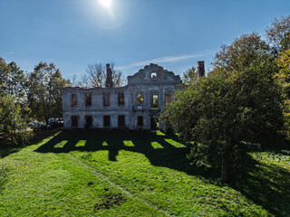Wlodowice, Poland ruined palace. Aerial drone view of the palace in Wlodowice – ruined palace,...