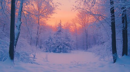Winter Wonderland: A serene and ethereal winter landscape unfolds, bathed in the soft glow of a pink sunrise. Snow-laden trees stand tall against a backdrop of pristine white snow.
