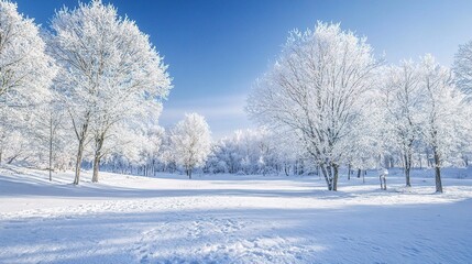 Winter Wonderland: A serene landscape of snow-covered trees under a clear blue sky, capturing the tranquility and beauty of winter.