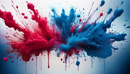 Ink Splatter Chaos An abstract explosion of thick, bold splashes of ink in deep indigo, crimson, and bright teal erupting from a central point, like a paintball hit. 