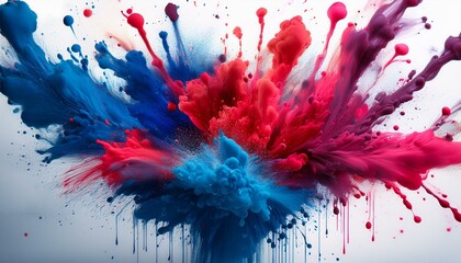 Ink Splatter Chaos An abstract explosion of thick, bold splashes of ink in deep indigo, crimson, and bright teal erupting from a central point, like a paintball hit. 