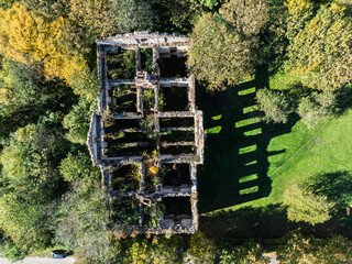 Wlodowice, Poland ruined palace. Aerial drone view of the palace in Wlodowice – ruined palace,...