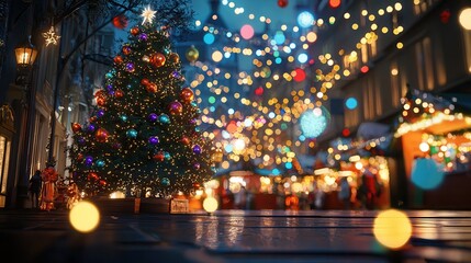 A vibrant scene of a beautifully decorated Christmas tree surrounded by colorful lights, creating a festive atmosphere in a charming street.