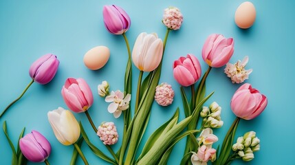 Pastel Tulips and Easter Eggs on Blue Background, Minimalist Spring Floral Arrangement, Easter Celebration with Vibrant Flowers and Eggs, Springtime Flat Lay Design
