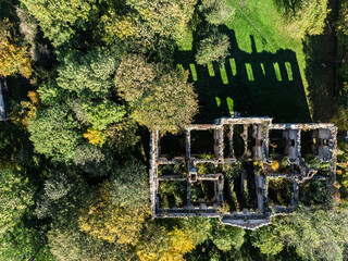 Wlodowice, Poland ruined palace. Aerial drone view of the palace in Wlodowice – ruined palace,...