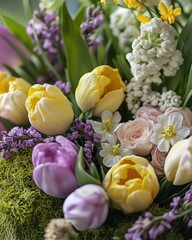 Fototapeta premium Spring Floral Bouquet with Yellow and Purple Tulips, White Hyacinths, and Delicate Roses, Vibrant Seasonal Flower Arrangement for Easter and Spring Celebrations