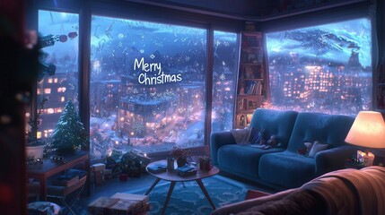 Naklejka premium A cozy living room decorated for Christmas, featuring snowfall outside the window and a warm ambiance.