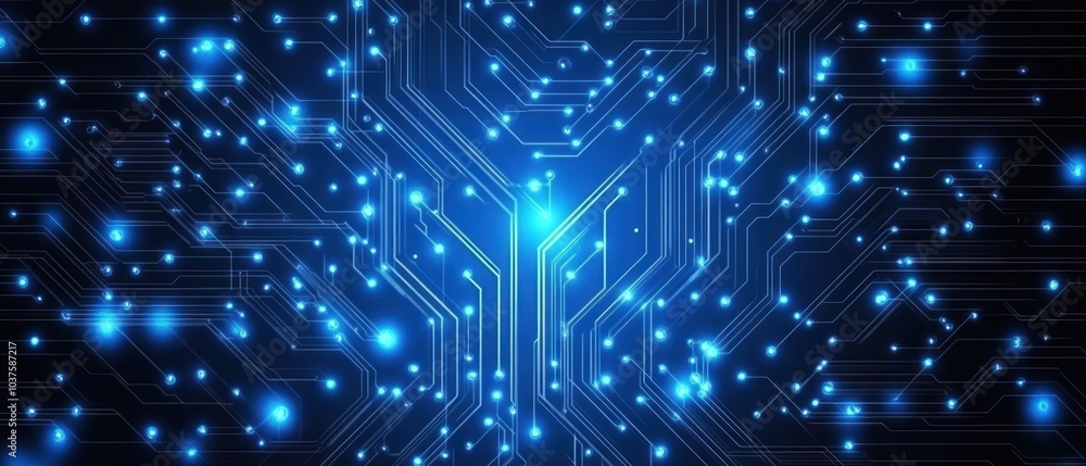 Poster abstract digital circuit design with glowing blue nodes and lines.