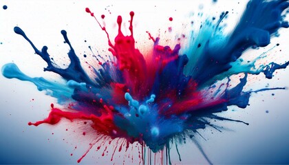 Ink Splatter Chaos An abstract explosion of thick, bold splashes of ink in deep indigo, crimson, and bright teal erupting from a central point, like a paintball hit. 