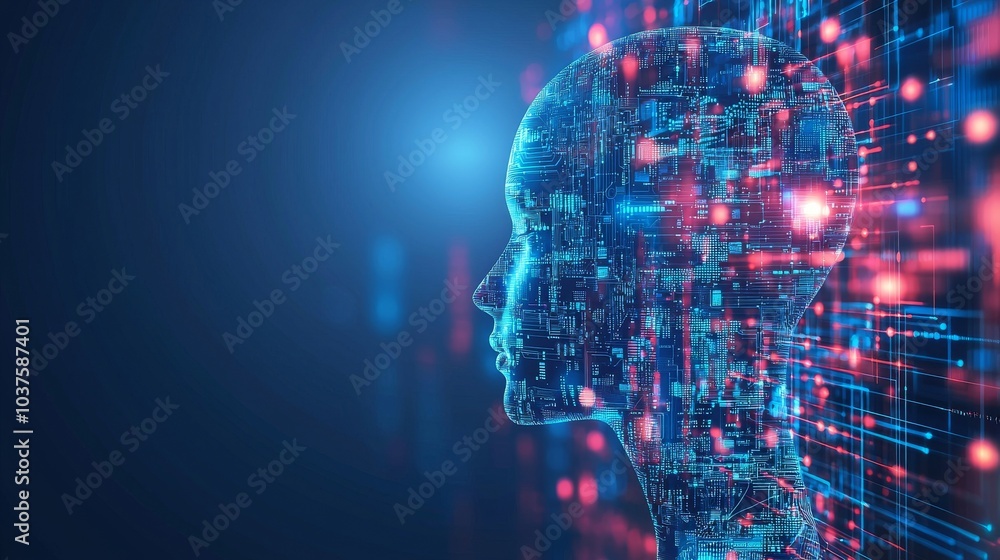 Poster the image shows a cybernetic face resembling ai and technology, showing glowing nodes and connection