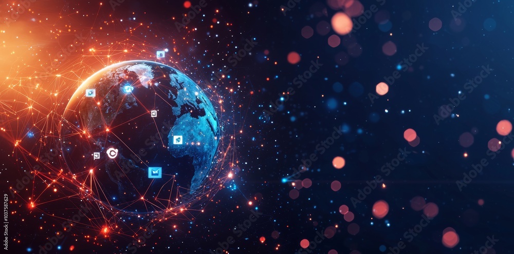 Poster global network connections and images of media content floating around an abstract digital globe, re