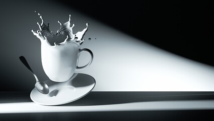 realistic 3d rendering, capturing a glass cup with a splash-shaped edge falling down on a white porcelain saucer in an empty studio with dramatic lighting. Dynamic motion, elegance and fragility