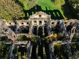 Wlodowice, Poland ruined palace. Aerial drone view of the palace in Wlodowice – ruined palace,...