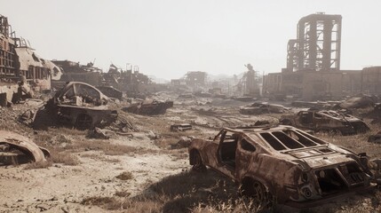 Fototapeta premium Post-Apocalyptic Wasteland: Abandoned Vehicles and Rusty Machinery in a Haunting Silence, Cinematic Light