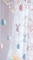 Pastel easter garland with hanging eggs and bunnies for festive decoration