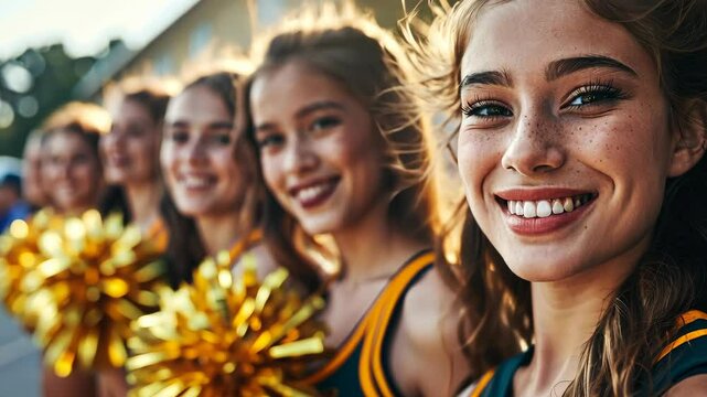 A lively group of cheerleaders displays their enthusiasm and dedication, cheering passionately as they uplift the crowd at a high-energy football game halftime event