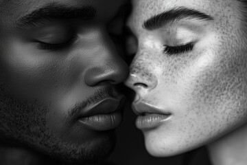 Black man and white woman sensual skincare model portrait together, smooth gentle skin texture.