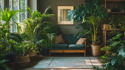 Fototapeta premium Plants flourish in living room, botanical home interior bathes in sunlight, nature thrives through potted monstera, cozy greenery creates peaceful relaxing oasis