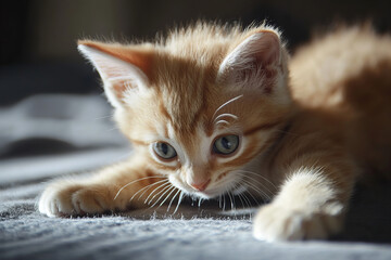 Cute little playful kitten cat playing having fun on ground, funny pet animal background.