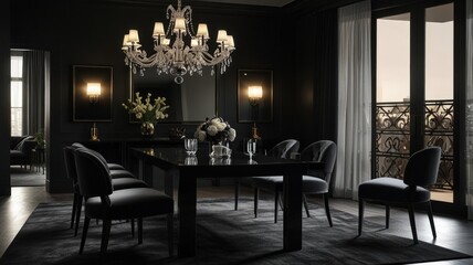 a modern and luxurious dining room with a dark and dramatic color palette. The walls are painted a deep black, creating a sophisticated atmosphere.