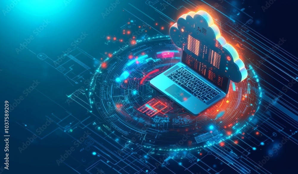 Aufkleber online devices upload, download information and data to a database on cloud services via computer, l