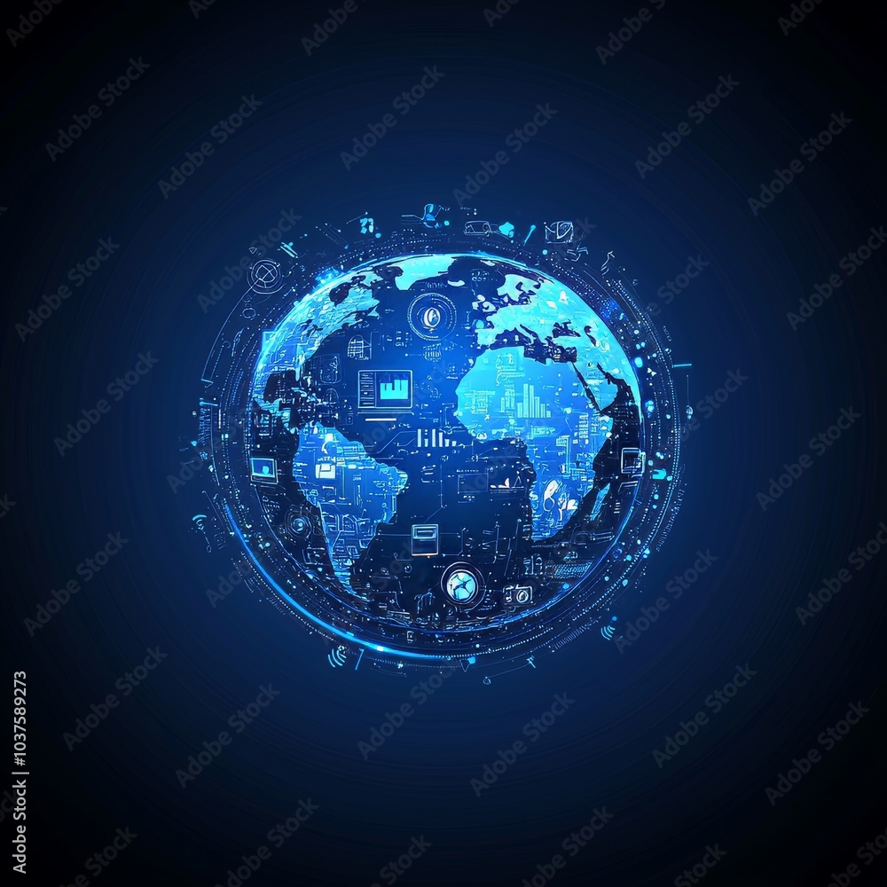 Poster a futuristic globe with technology interface, showing communication technology or global network