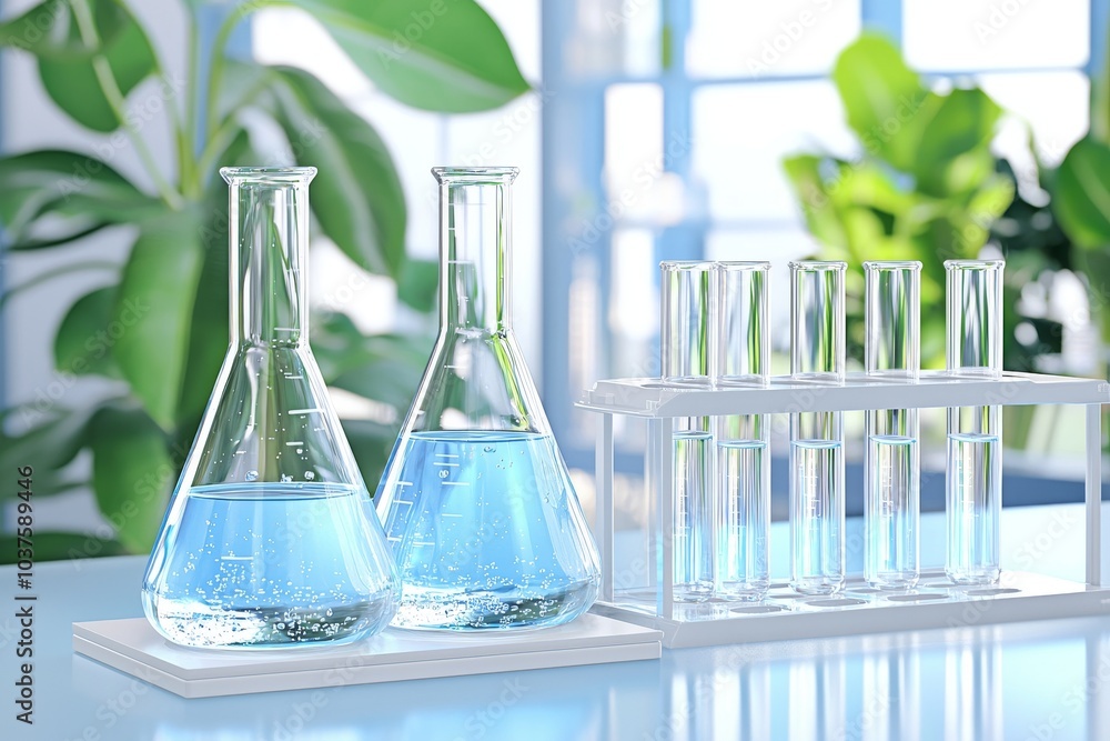 Poster a clear flask with water stands in front of a test tube in a background of an educational chemistry 