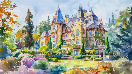 Watercolor illustration of a modern castle. Concept of whimsical architecture, lush garden scenery, serene landscape, vibrant nature. Art, design, creative decoration, fantasy theme