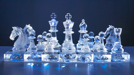 Modern brightly lit chess set made of transparent glass on a dark background. Concept of strategy, intellectual challenge, ice, and elegance. Ice Chess