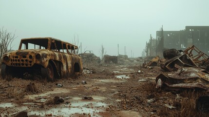 Fototapeta premium Desolate Ruins: A Cinematic Portrayal of a Post-Apocalyptic Wasteland with Rusty Vehicles and Lingering Loss in Ultra-Detail Light