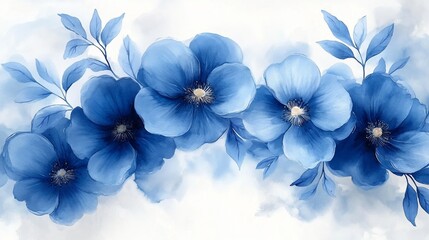 A watercolor illustration of blue flowers with soft leaves, creating a serene, artistic ambiance.