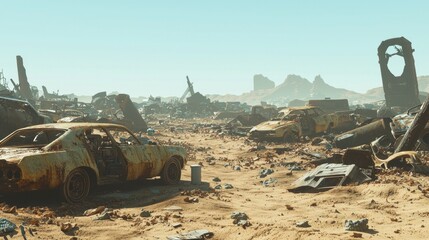 Desolate Ruins: Eerie Post-Apocalyptic Scene with Rusted Vehicles and Scattered Debris under Ultra-Detailed, Cinematic Light