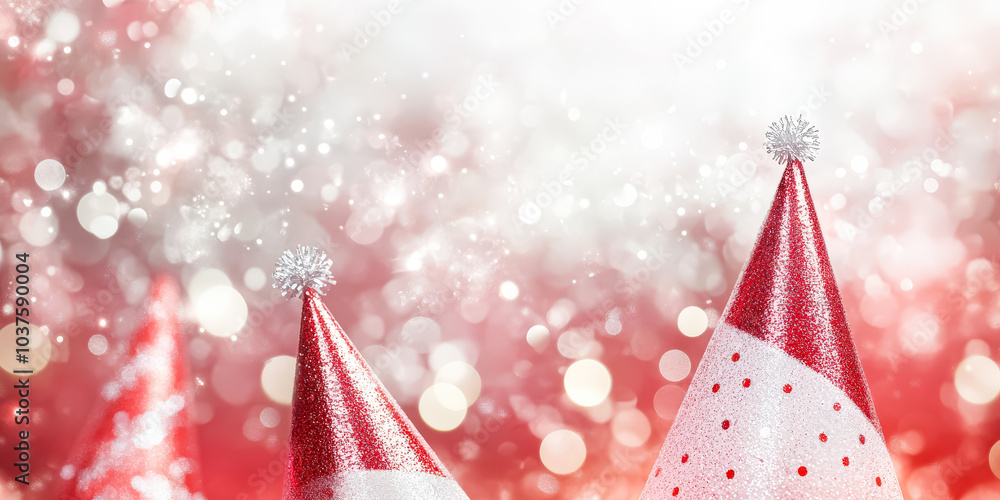Aufkleber pair of red party hats are on a red background. the hats are decorated with white and red patterns
