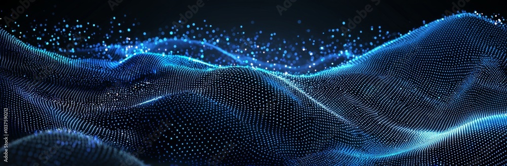 Poster An abstract blue background with a dark low poly rectangle pattern reminiscent of a virtual computer landscape. A technological style. Template for a banner or presentation.