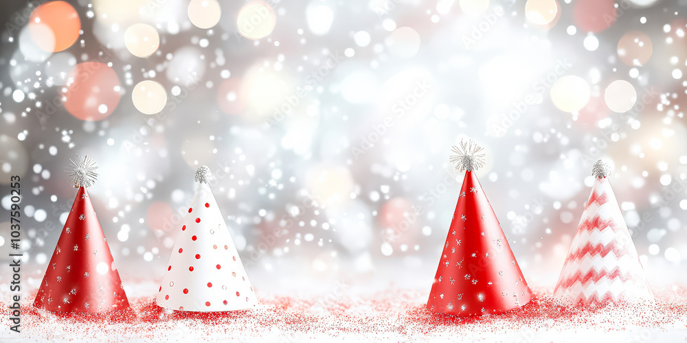 Poster row of four red party hats are on a snowy surface. the hats are arranged in a row, with the first on