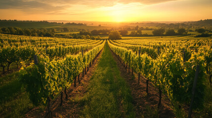 Fototapeta premium Lush vineyard at sunrise: scenic view of rows of grapevines in morning light