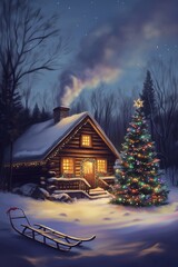 Cozy Log Cabin in a Snowy Forest with Christmas Lights. Generative ai