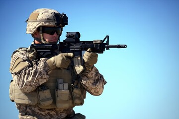 Fototapeta premium Military Soldier Aiming Rifle Under Clear Blue Sky. Generative ai
