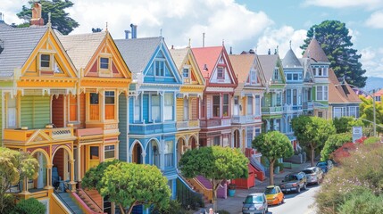 A cityscape with a focus on cultural diversity, vibrant neighborhoods, and a mix of architectural styles