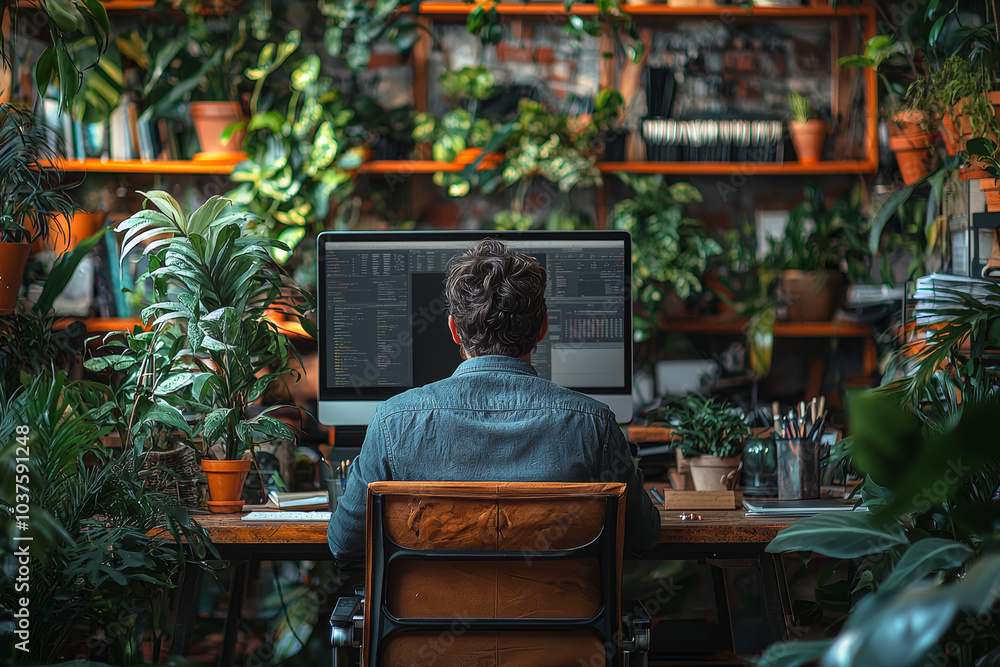 Poster an employee setting up a dedicated workspace at home, creating an environment that promotes focus an